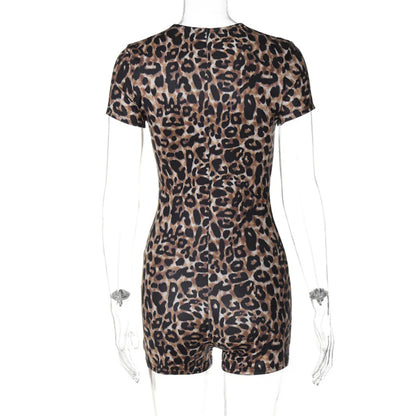 Women's Leopard Print V-Neck Short Sleeve Jumpsuit – Summer 2024