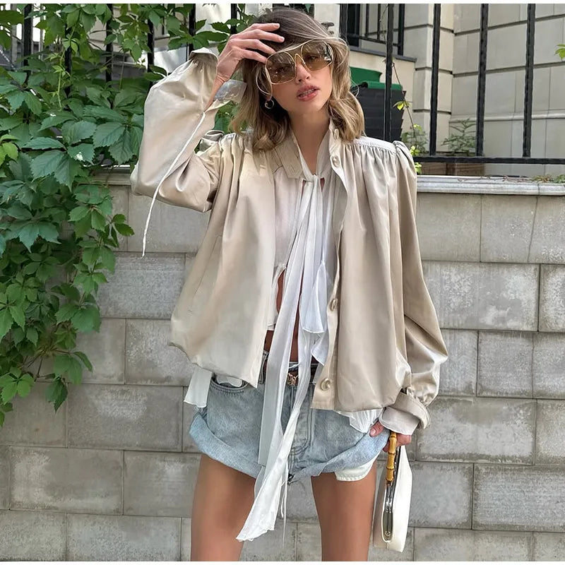 Puff Sleeve Cropped Bomber Jacket for Women