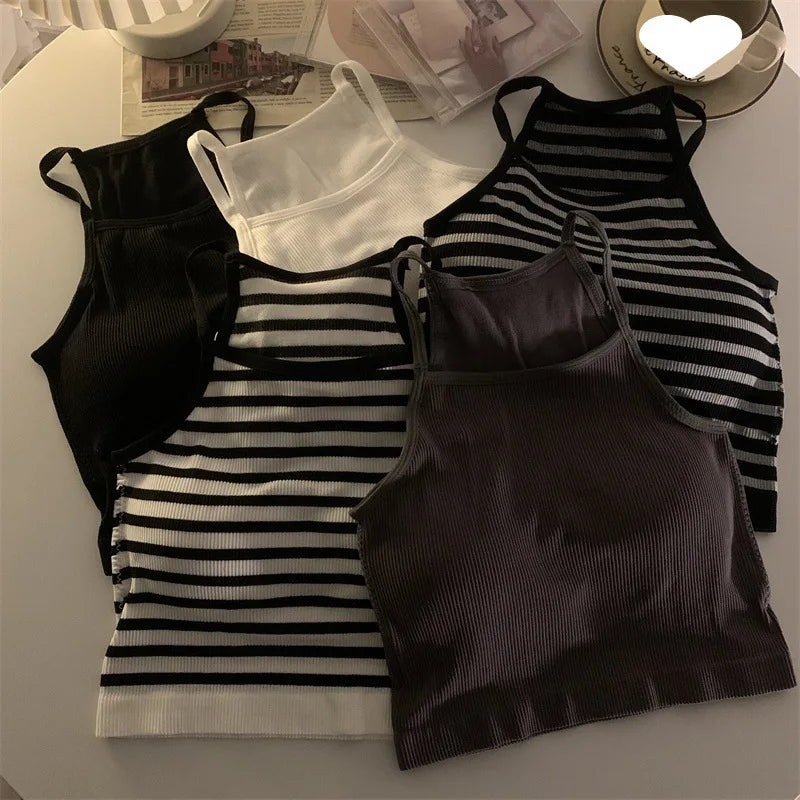 Korean Style Padded Striped Crop Tank Top