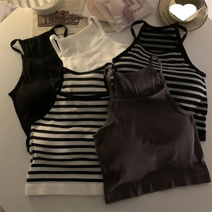 Korean Style Padded Striped Crop Tank Top