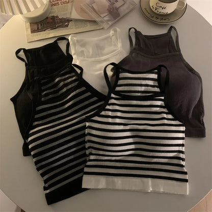 Korean Style Padded Striped Crop Tank Top