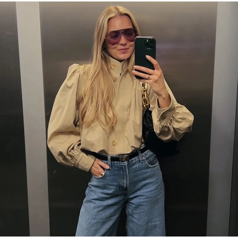 Puff Sleeve Cropped Bomber Jacket for Women